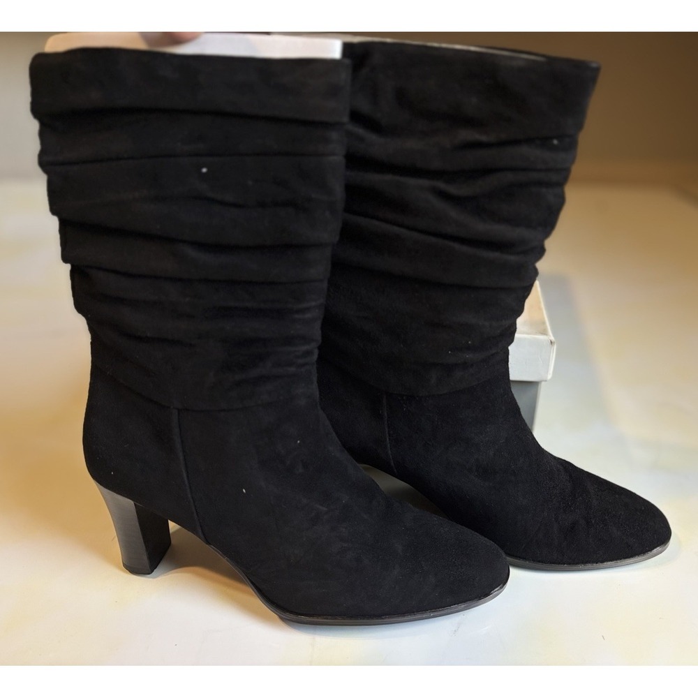 Worthington Tall Black Suede Leather Boots Side Zip‎ Heel Size 7.5M Pointed Toe